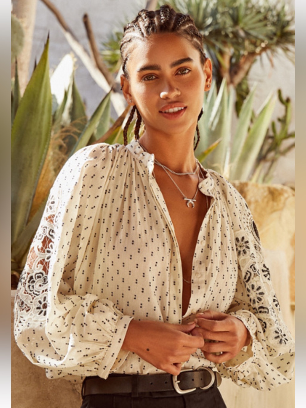 H&M Logg Peasant Blouse Oversized Floral Lace Embroidered Sleeves White & Navy